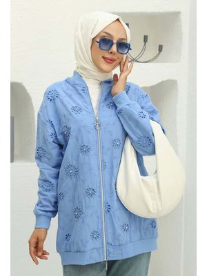 Mavi Taş İşlemeli Brode Hırka