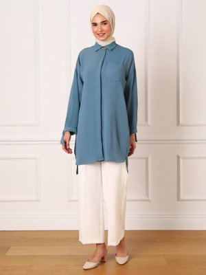 Bağlama Detaylı Arkası Uzun Tunik Petrol Bağlama Detaylı Arkası Uzun Tunik Petrol