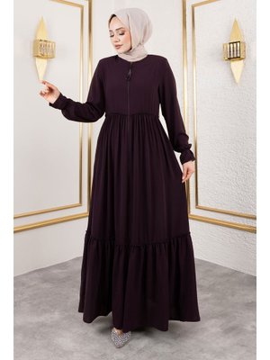 Mürdüm Volanlı Fırfır Detaylı Ferace