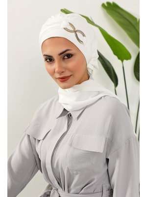 Ecru Aksesuarlı Aerobin Kumaş Hazır Türban,ht Ecru Aksesuarlı Aerobin Kumaş Hazır Türban,ht