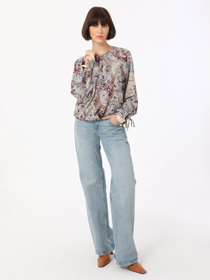 Bej Şal Desenli Kolları Bağlamalı Bluz / Gömlek