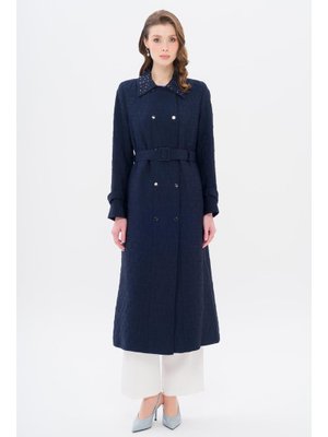 Lacivert Yakası Taş Detaylı Kapitone Desenli Hafif Kap