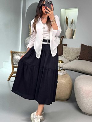Siyah Beli Lastikli Uzun Kloş Etek