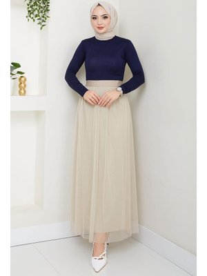 Bej Beli Lastikli Tül Etek Bej Beli Lastikli Tül Etek