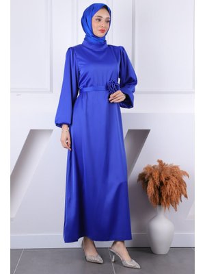 Saks Mavi Gül Kemer Detaylı Balon Kol Saten Abiye Elbise