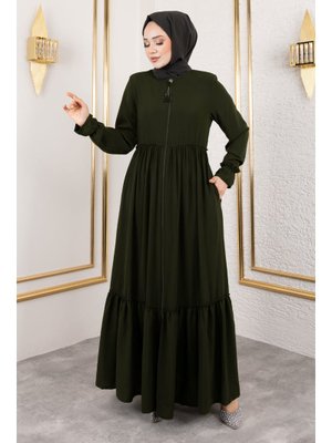 Haki Volanlı Fırfır Detaylı Ferace