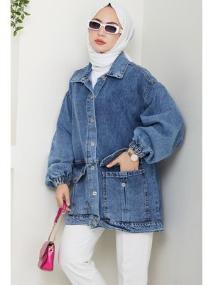 Açık Mavi Torba Cepli Oversize Kot Ceket