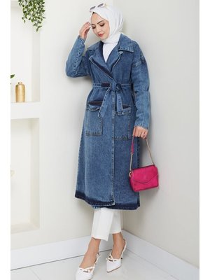 Mavi Zeyal Kuşaklı Kot Trenç