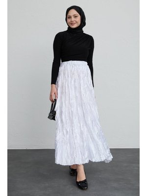 İncili Saten Kraş Beyaz Etek