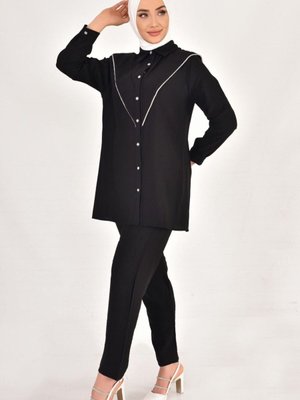 Siyah Lina Keten Kumaş Taş Detaylı 2li Takım Siyah Lina Keten Kumaş Taş Detaylı 2li Takım