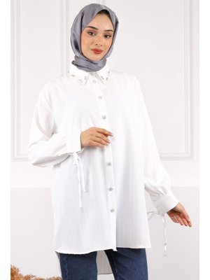 Ekru Kolu Bağcıklı Yaka Taşlı Linda Tunik Ekru Kolu Bağcıklı Yaka Taşlı Linda Tunik