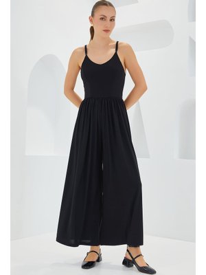 Siyah Bol Paça Askılı Tulum