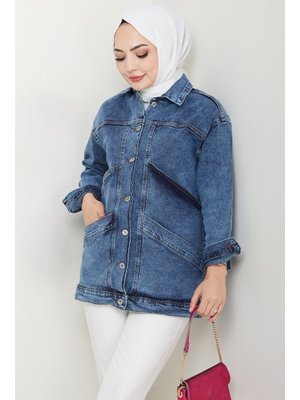 Mavi Çift Cepli Oversize Kot Ceket