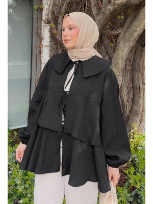 Siyah İp Bağcıklı Kat Kat Kimono