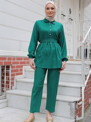 Yeşil Taş Düğme Detaylı Takım