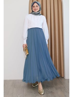 Dökümlü Kıvrımlı İndigo Şifon Etek
