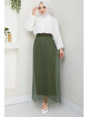 Haki Beli Lastikli Tül Etek