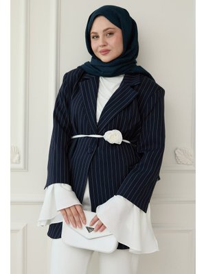 Çizgili Kolları Volanlı Lacivert Blazer Ceket Çizgili Kolları Volanlı Lacivert Blazer Ceket