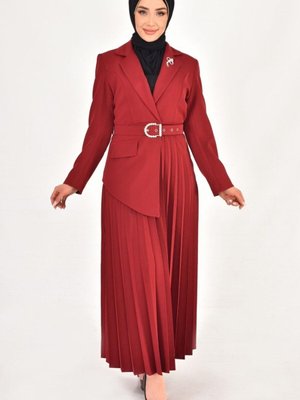 Bordo Double Kumaş Eteği Pilise Detaylı Kruvaze Yaka Elbise Bordo Double Kumaş Eteği Pilise Detaylı Kruvaze Yaka Elbise