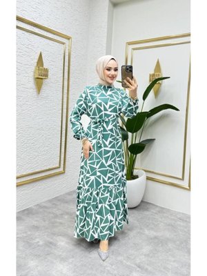 Zümrüt Geometrik Desenli Viscon Elbise Zümrüt Geometrik Desenli Viscon Elbise