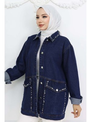 Lacivert Taş İşlemeli Cepli Kot Ceket