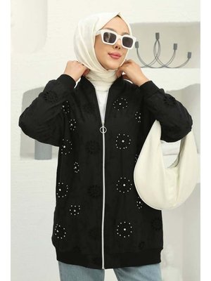 Siyah Taş İşlemeli Brode Hırka
