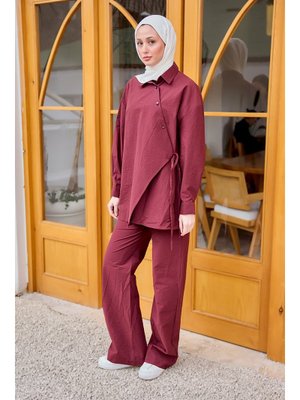 Bordo Düğme Detay Yan Bağlamalı Keten Takım Bordo Düğme Detay Yan Bağlamalı Keten Takım