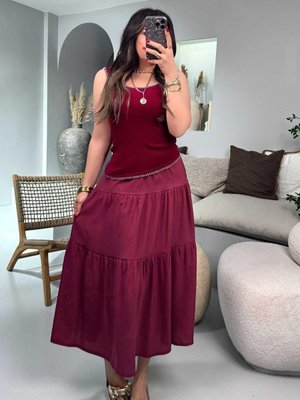 Bordo Beli Lastikli Uzun Kloş Etek Bordo Beli Lastikli Uzun Kloş Etek