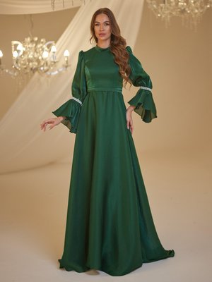 Zümrüt Yeşili İnci Abiye Elbise