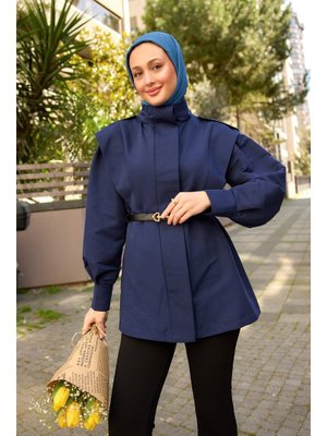 Lacivert Palt Pensli Apoletli Kısa Trenç Lacivert Palt Pensli Apoletli Kısa Trenç