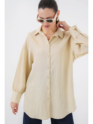 Krem Çizgili Uzun Gömlek Tunik Krem Çizgili Uzun Gömlek Tunik