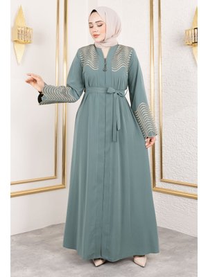 Mint Yeşili Nakış Ve Taş Detaylı Abaya Mint Yeşili Nakış Ve Taş Detaylı Abaya