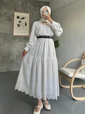 Beyaz Brode Dantel Fisto İncili Uzun Etek