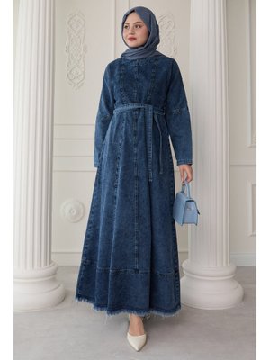 Boydan Dikiş Detaylı Açık Mavi Kot Elbise