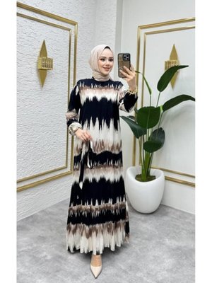 Siyah Batik Desenli Kemerli Elbise Siyah Batik Desenli Kemerli Elbise