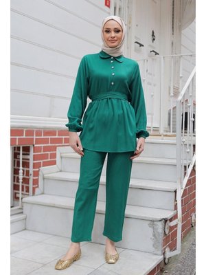 Yeşil Taş Düğme Detaylı Takım