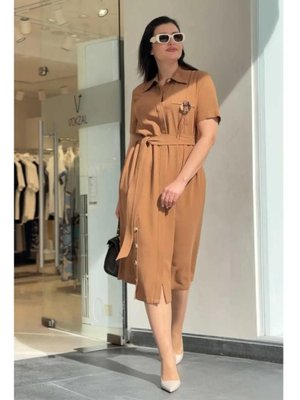 Camel Büyük Beden Keten Kuşaklı Gömlek Elbise
