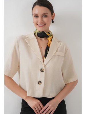 M. Krem Crop Keten Ceket M. Krem Crop Keten Ceket