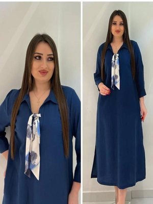 İndigo Büyük Beden Fular Detaylı Elbise