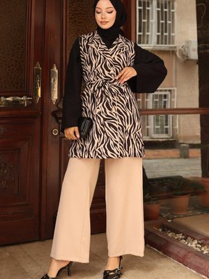 Bej Zebra Desenli Yelek Pantolon Takım