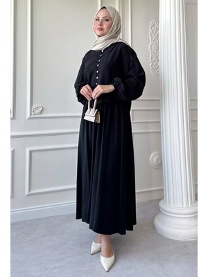 Düğmeli Tencel Etekli Siyah Takım