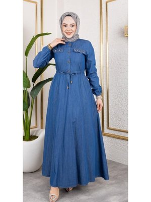 İnci Taş Detaylı Belden Sıkmalı Kot Elbise