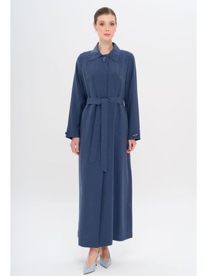 İndigo Gömlek Yaka Aksesuar Detaylı Astarsız Modal Büyük Beden Pardesü
