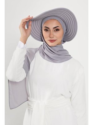 Gri Çıkarılabilir Arkası Fiyonklu Şapkalı Pratik Krep Şal Türban,ss