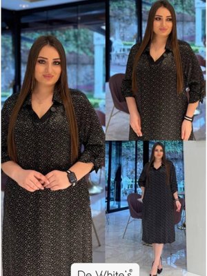 Siyah Büyük Beden Empirme Baskılı Gömlek Elbise