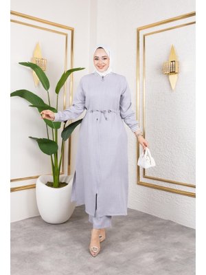 Gri Ribanalı Fermuarlı Keten İkili Takım Gri Ribanalı Fermuarlı Keten İkili Takım