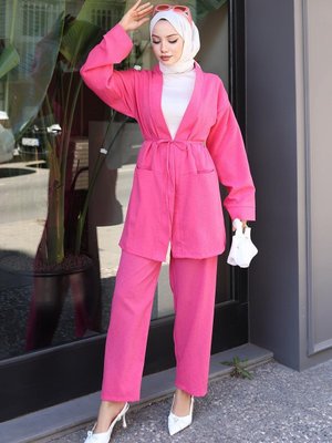 Fuşya Cep Detaylı Kimono Rahat Şık İkili Takım