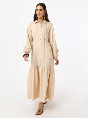 Keten Görünümlü Boydan Düğmeli Elbise Tas Rengi