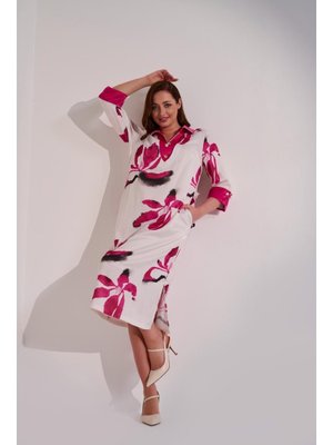 Fuşya Büyük Beden Empirme Bsakılı Ve Yaka Kol Detaylı Elbise