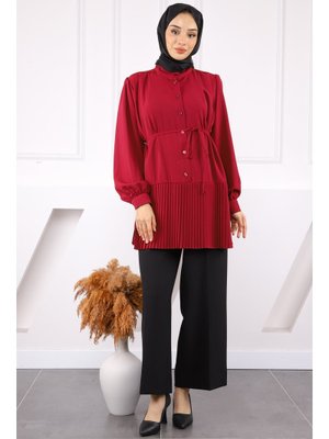 Bordo Eteği Piliseli Bel Kuşaklı Tunik Bordo Eteği Piliseli Bel Kuşaklı Tunik